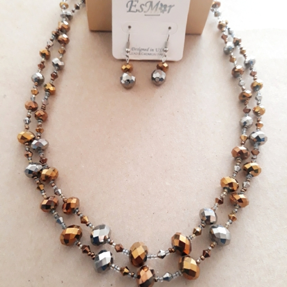 Vintage EsMor Metallic Faceted Bead Double Strand Necklace + Earring Jewelry Set